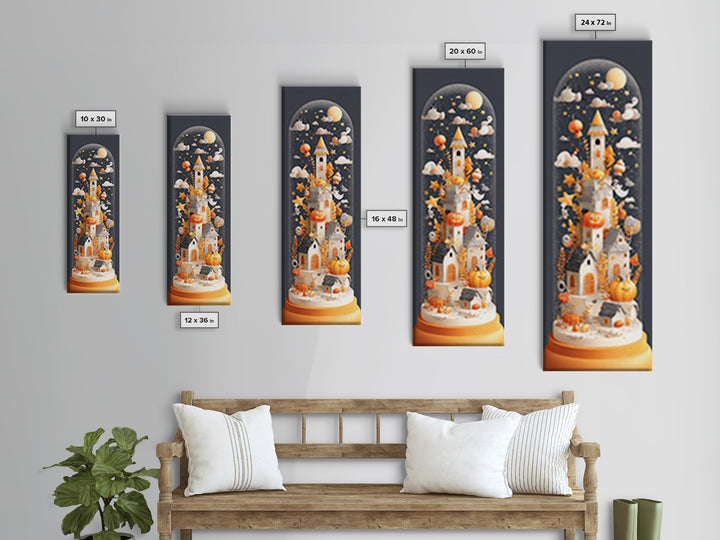 Halloween Inside A Snow Globe, Paper Collage Halloween, Tall Narrow Wall Art, Framed Canvas Print, Cute Halloween Wall Art