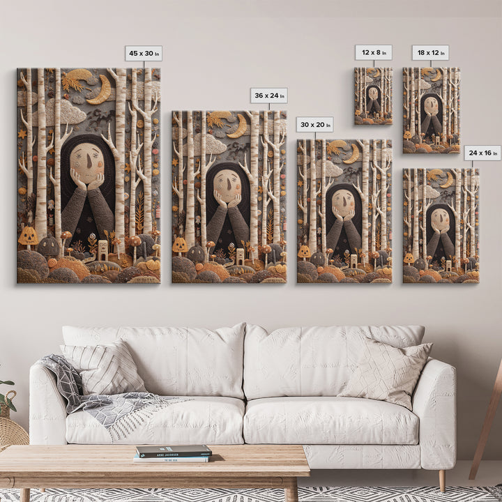 The Sleeper In The Birch Grove, Felt Halloween Art, Vertical Wall Art, Canvas Print, Cute Halloween Wall Art