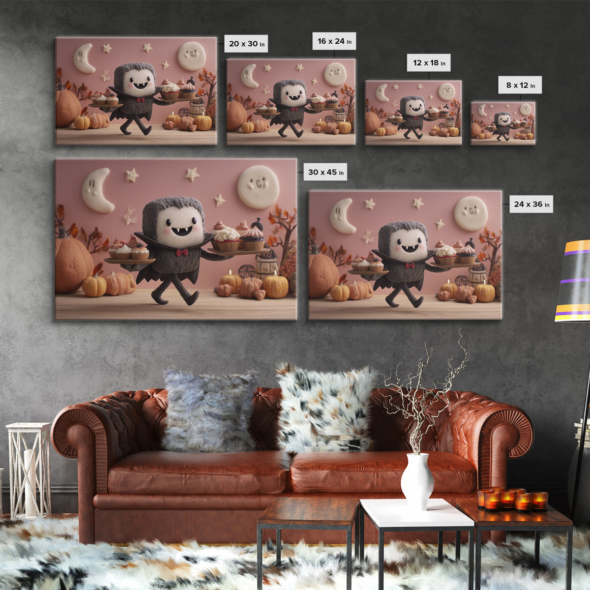 The Cupcake Vampire, Clay Halloween Art, Landscape Wall Art, Framed Canvas Print, Cute Halloween Wall Art