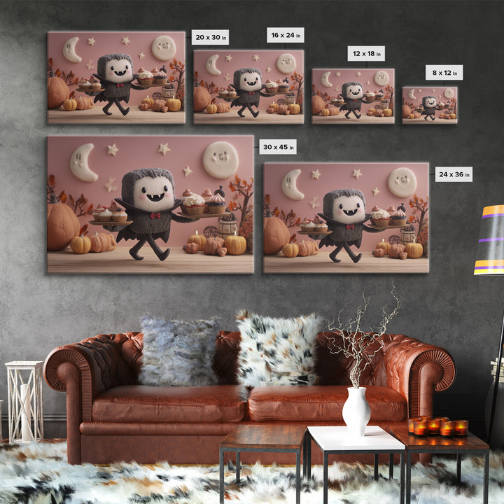 The Cupcake Vampire, Clay Halloween Art, Landscape Wall Art, Framed Canvas Print, Cute Halloween Wall Art