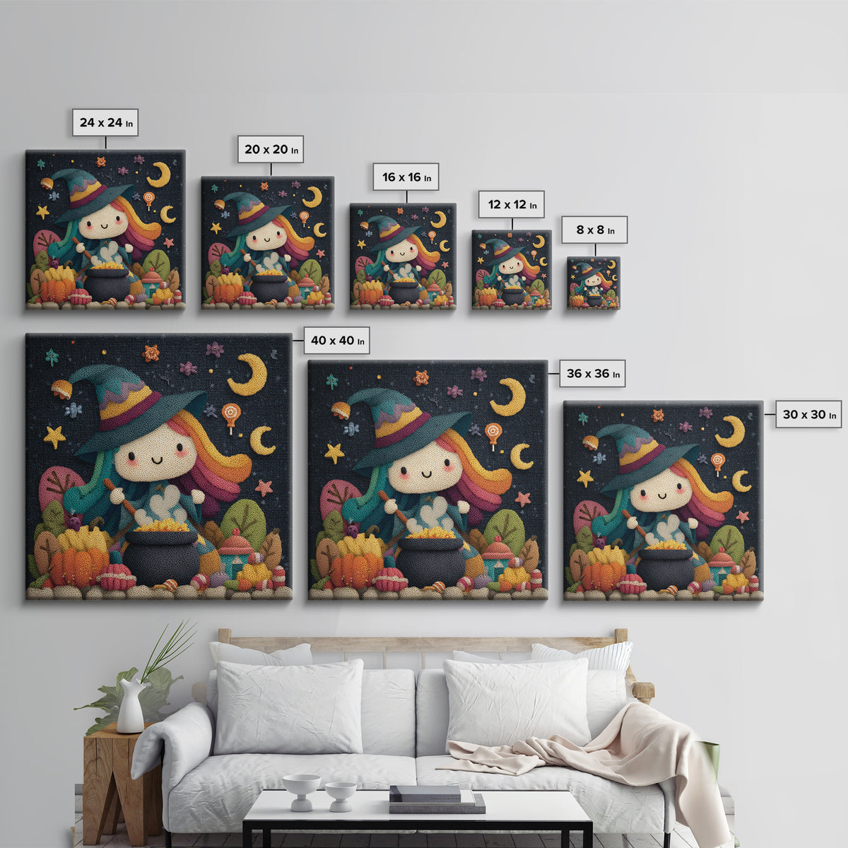 The Rainbow-Cauldron Witch, Plush Halloween Art, Square Wall Art, Canvas Print, Cute Halloween Wall Art