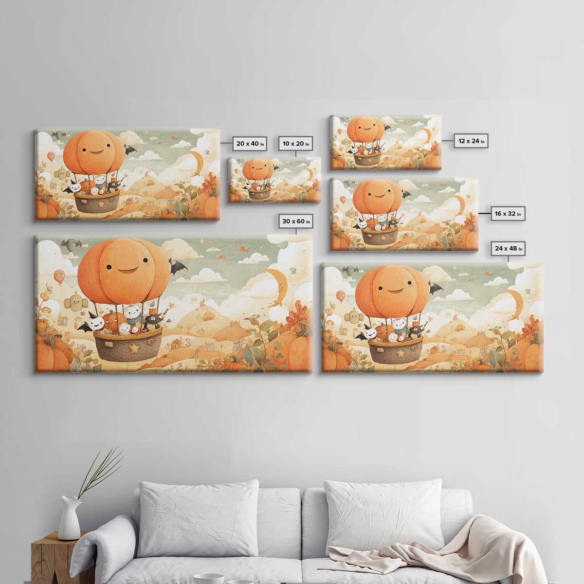 The Pumpkin Hot-Air Balloon, Kawaii Halloween Art, Wide Panoramic Art, Framed Canvas Print, Cute Halloween Wall Art