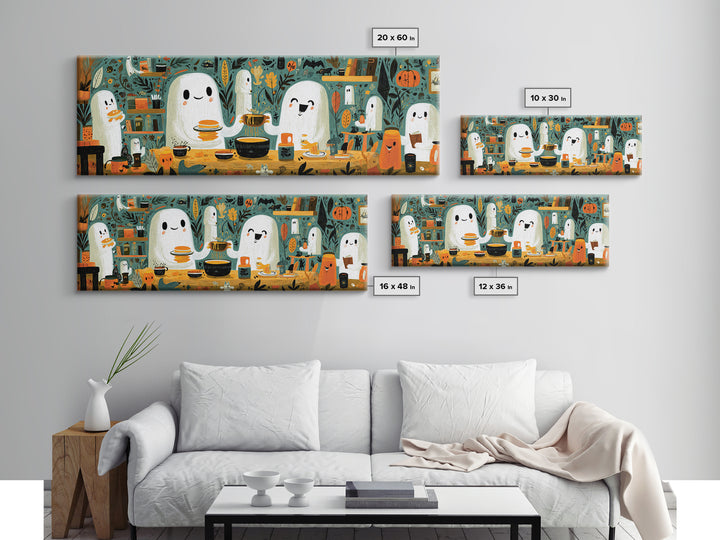 The Ghost Family Breakfast, Retro Halloween Art, Extra Wide Wall Art, Canvas Print, Cute Halloween Wall Art