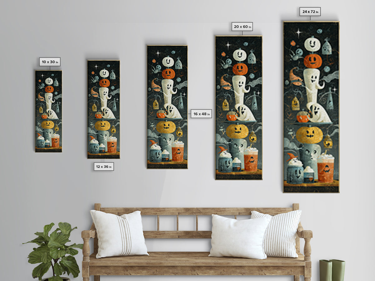 The Midnight Cocoa Party, Screenprint Halloween Art, Tall Narrow Wall Art, Framed Canvas Print, Cute Halloween Wall Art