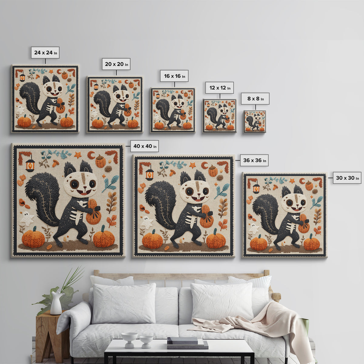 The Squirrel Skeleton, Embroidered Halloween Art, Square Wall Art, Canvas Print, Cute Halloween Wall Art