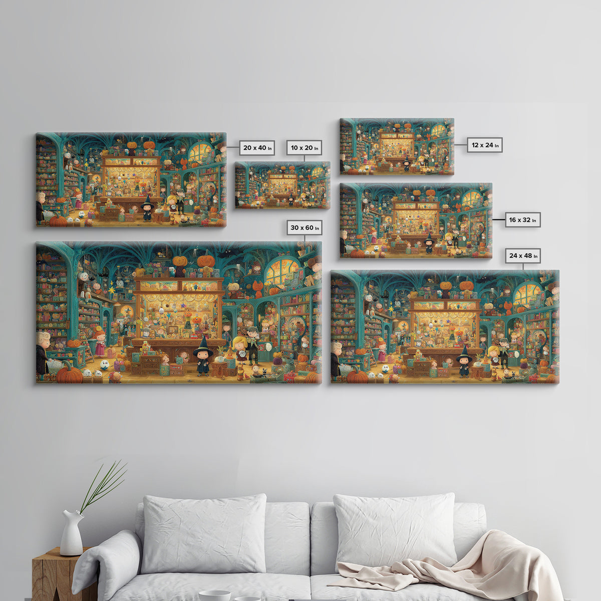 The Moonlight Toy Shop, Quilled Halloween Art, Wide Panoramic Art, Framed Canvas Print, Cute Halloween Wall Art