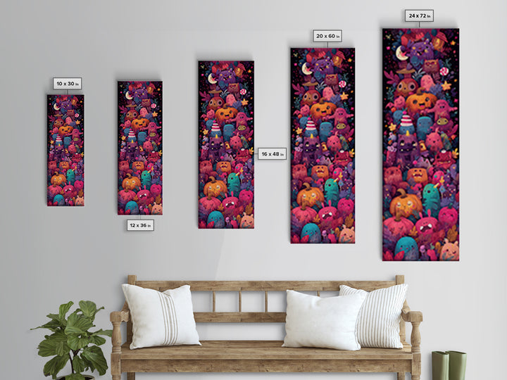The Monster Hide-And-Seek Game, Vaporwave Halloween Art, Tall Narrow Wall Art, Framed Canvas Print, Cute Halloween Wall Art