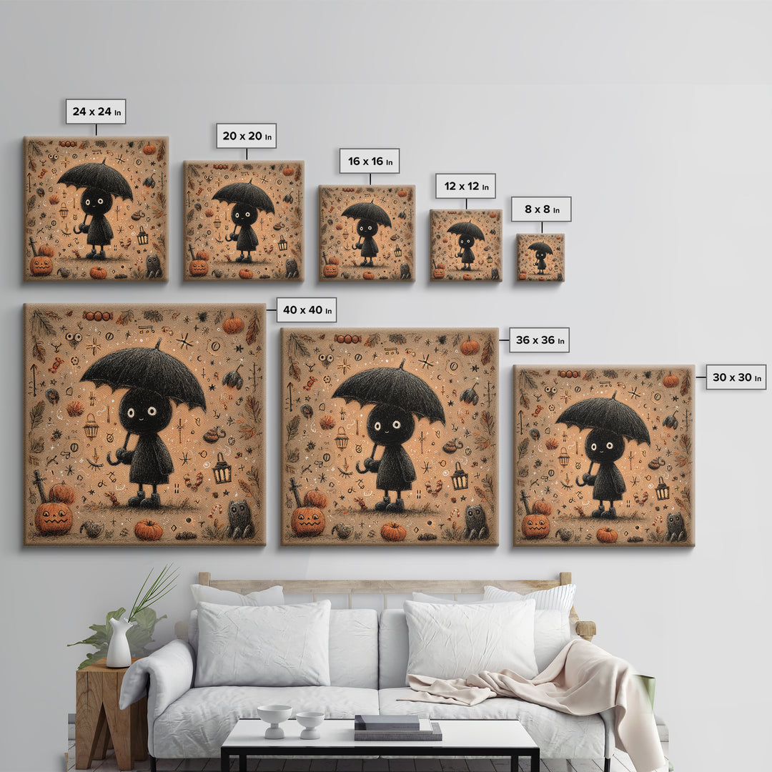 The Umbrella Of The Outer Rain, Hand Sketch Halloween Art, Square Wall Art, Canvas Print, Cute Halloween Wall Art