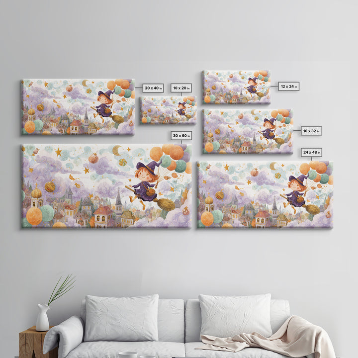 The Witch With A Balloon Broom, Watercolor Halloween Art, Wide Panoramic Art, Framed Canvas Print, Cute Halloween Wall Art