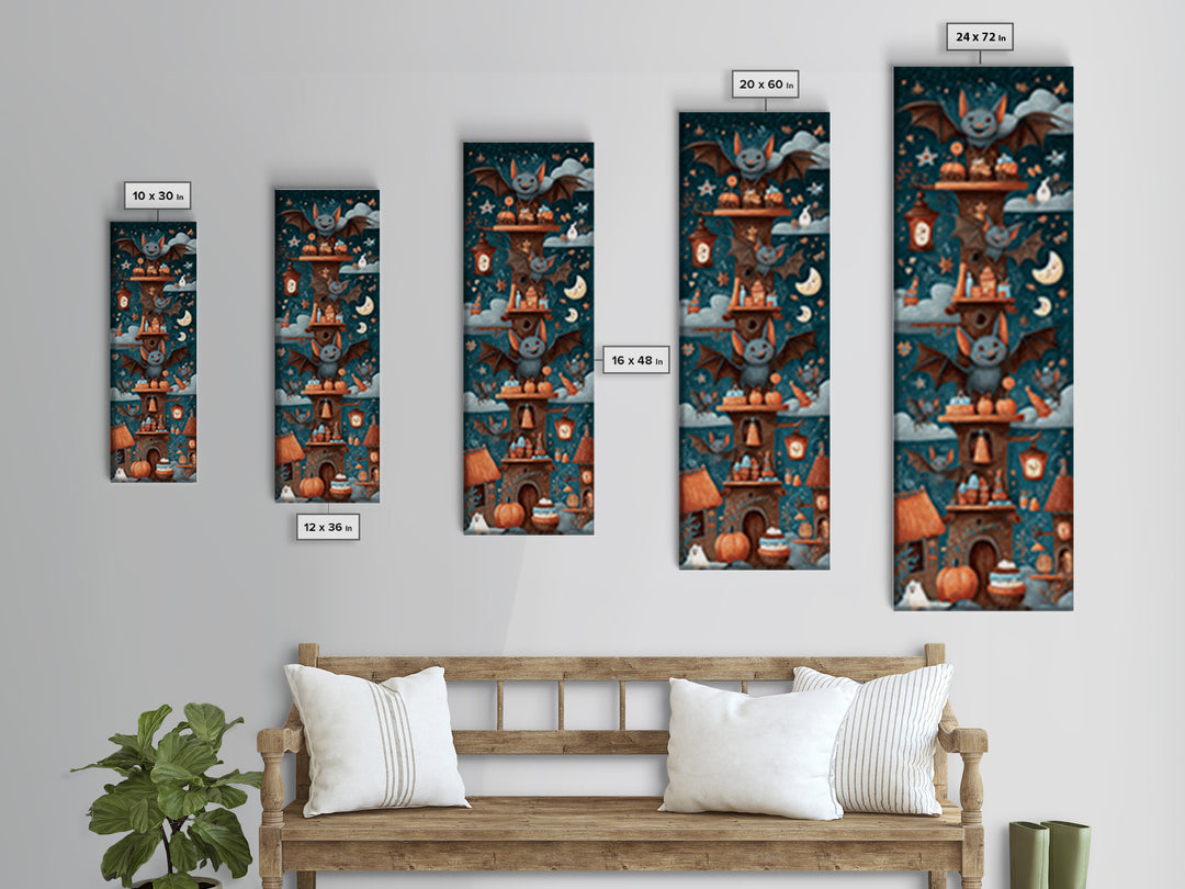 The Brownie Bat Bakery, Crayon Halloween Art, Tall Narrow Wall Art, Framed Canvas Print, Cute Halloween Wall Art