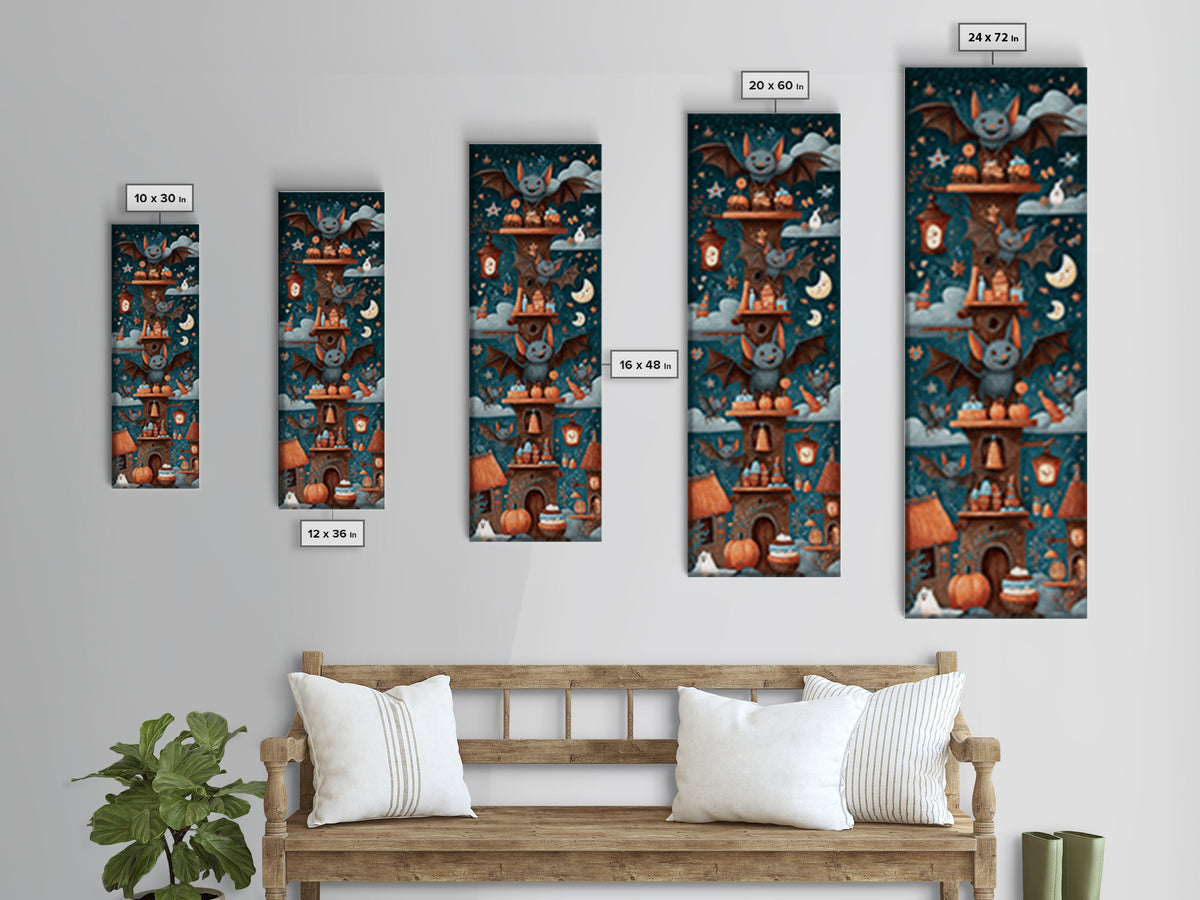 The Brownie Bat Bakery, Crayon Halloween Art, Tall Narrow Wall Art, Framed Canvas Print, Cute Halloween Wall Art