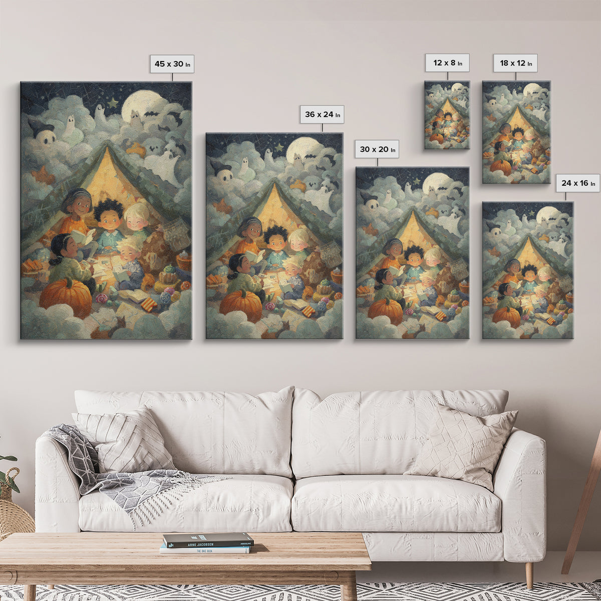 The Halloween Sleepover, Pastel Halloween Art, Vertical Wall Art, Canvas Print, Cute Halloween Wall Art