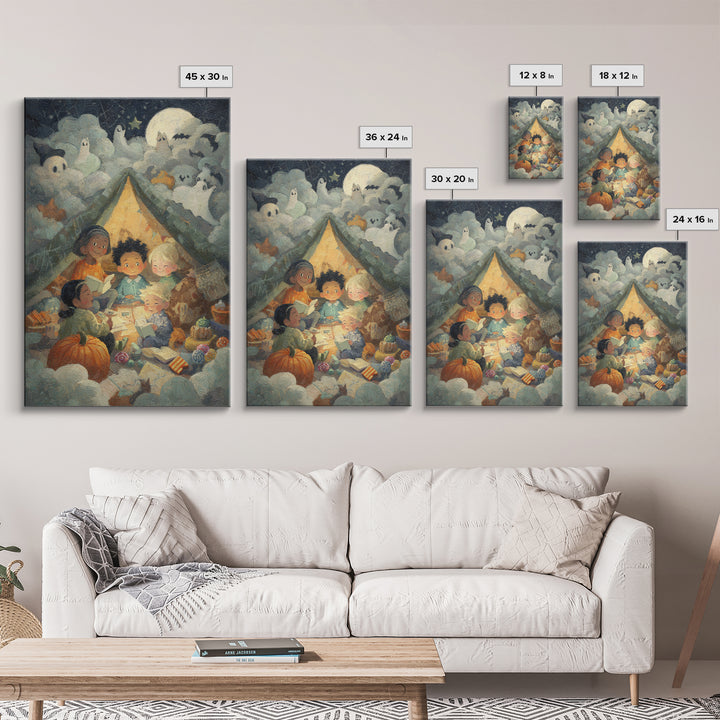 The Halloween Sleepover, Pastel Halloween Art, Vertical Wall Art, Canvas Print, Cute Halloween Wall Art