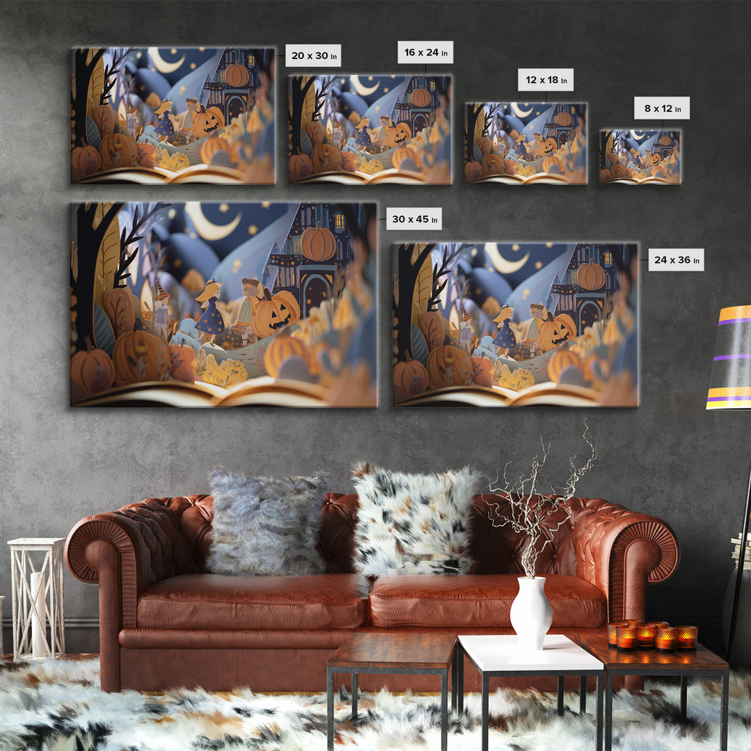 The Enchanted Halloween Library, Paper Collage Halloween, Landscape Wall Art, Framed Canvas Print, Cute Halloween Wall Art