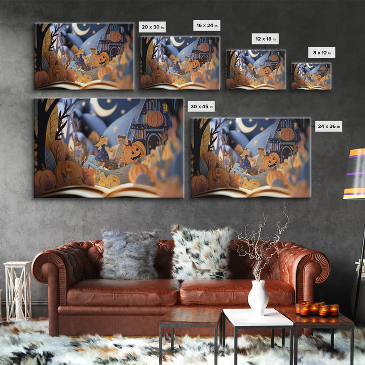 The Enchanted Halloween Library, Paper Collage Halloween, Landscape Wall Art, Framed Canvas Print, Cute Halloween Wall Art
