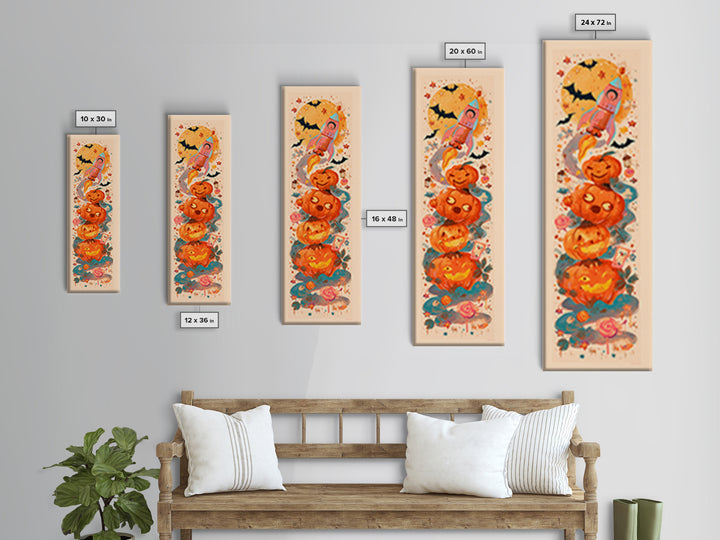 The Pumpkin Rocket Ship, Kawaii Halloween Art, Tall Narrow Wall Art, Framed Canvas Print, Cute Halloween Wall Art, Storybook Decor