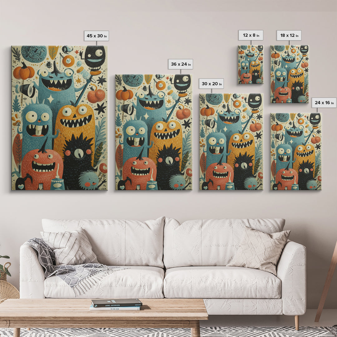 The Monster Toothbrush Club, Retro Halloween Art, Vertical Wall Art, Canvas Print, Cute Halloween Wall Art