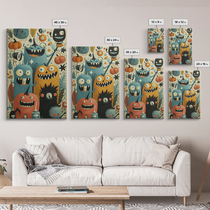 The Monster Toothbrush Club, Retro Halloween Art, Vertical Wall Art, Canvas Print, Cute Halloween Wall Art