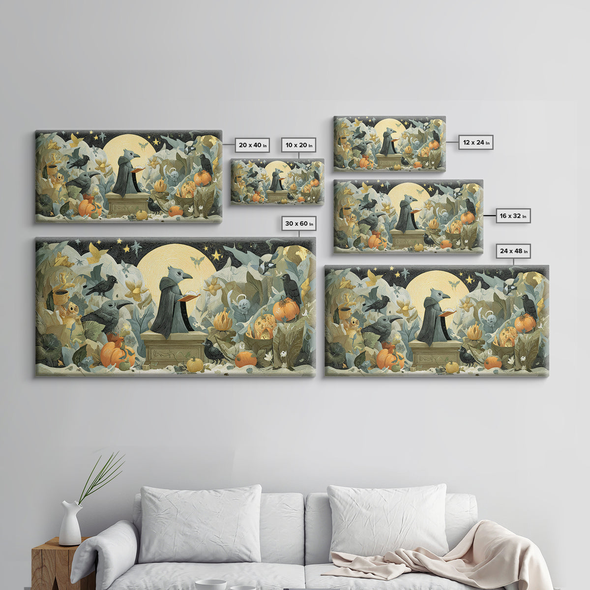 The Raven Sermon Of Leng, Linocut Halloween Art, Wide Panoramic Art, Framed Canvas Print, Cute Halloween Wall Art