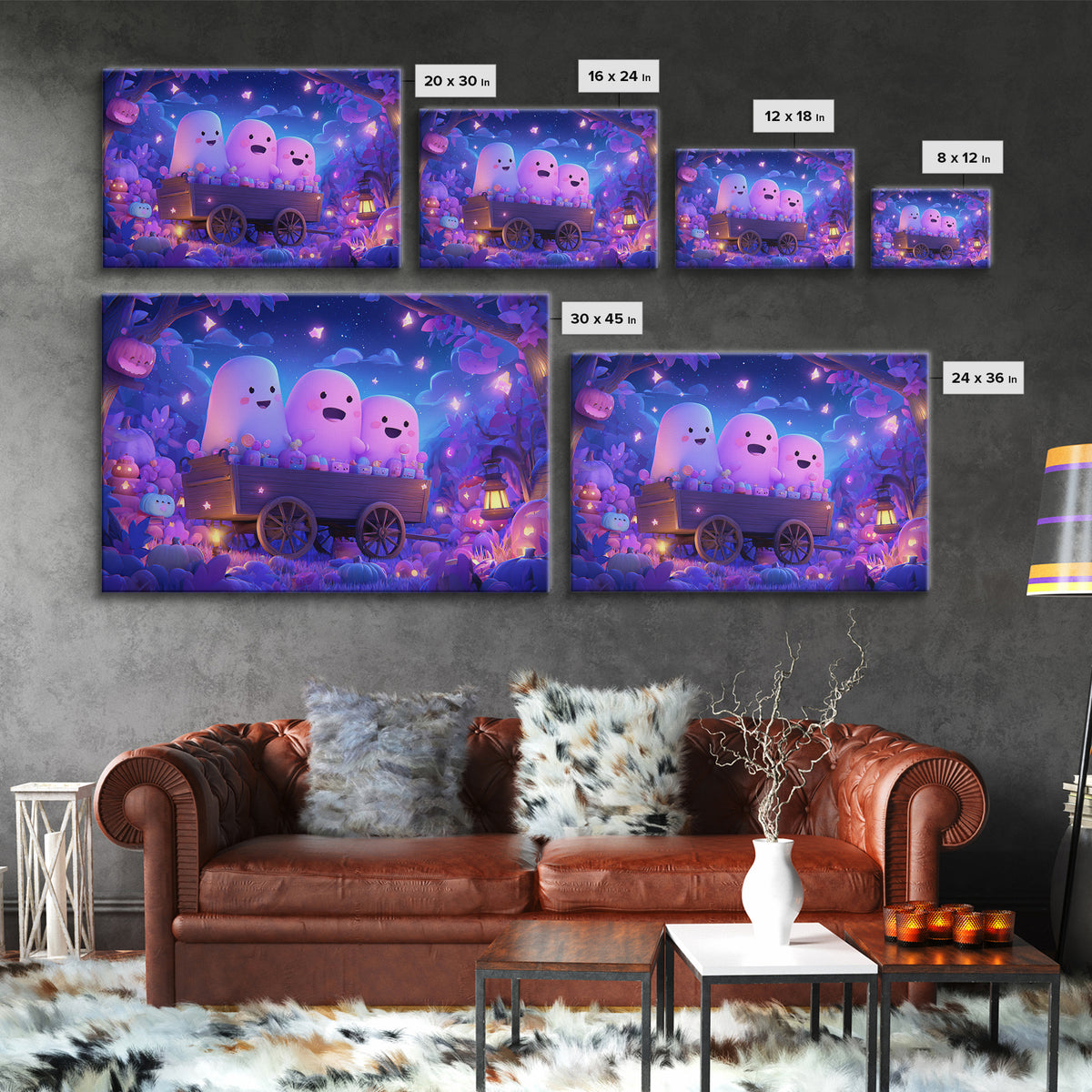 The Friendly Haunted Hayride, Vaporwave Halloween Art, Landscape Wall Art, Framed Canvas Print, Cute Halloween Wall Art