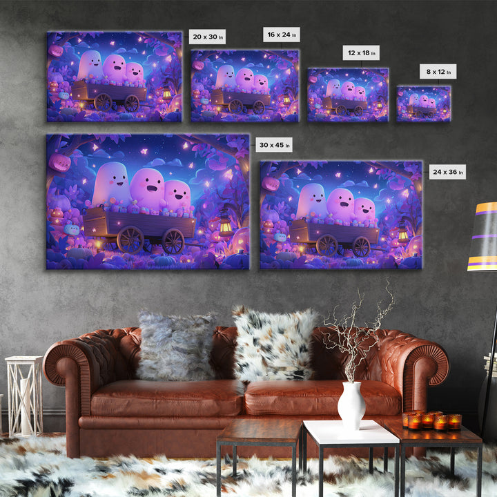 The Friendly Haunted Hayride, Vaporwave Halloween Art, Landscape Wall Art, Framed Canvas Print, Cute Halloween Wall Art
