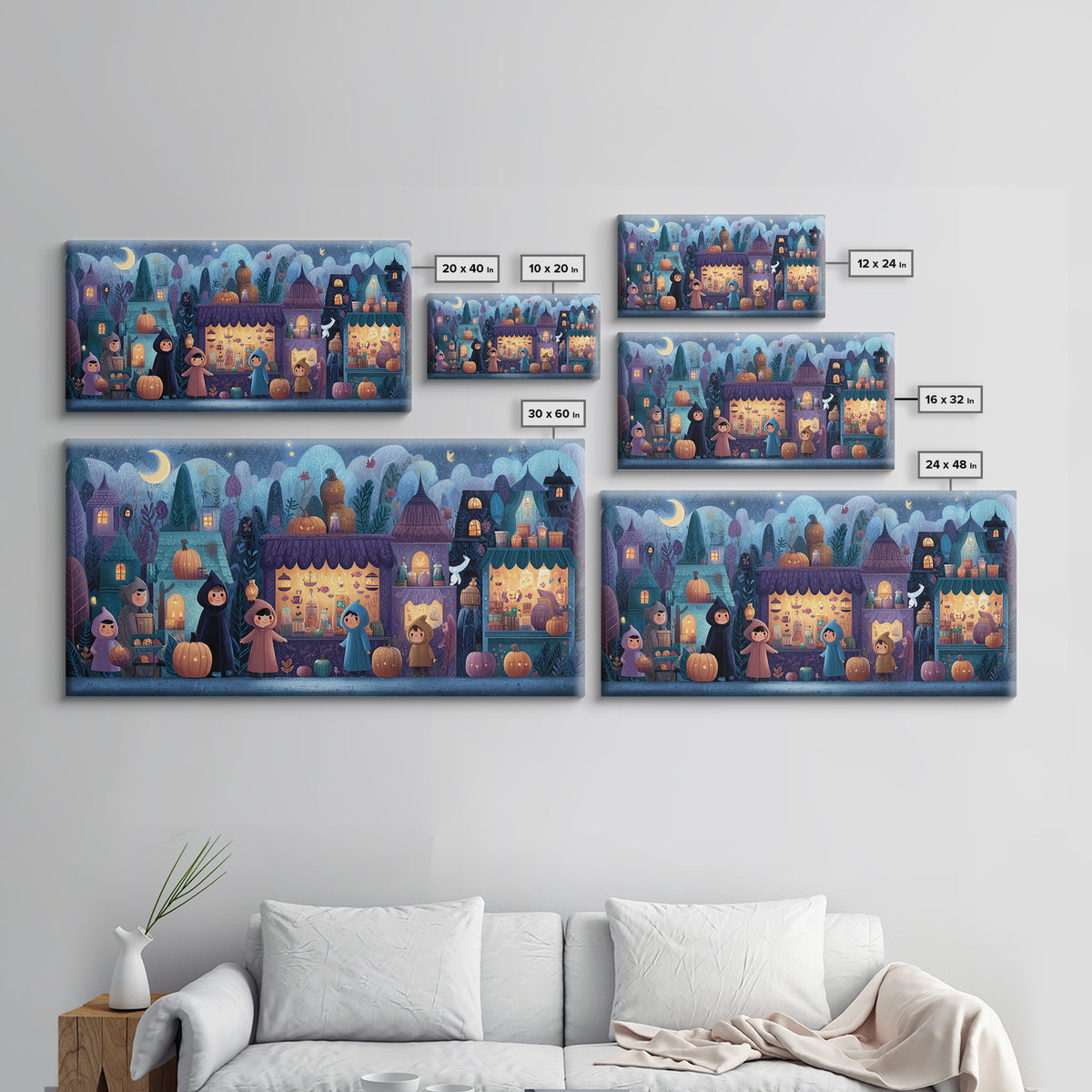 The Lantern Market Beyond The Veil, Vector Halloween Art, Wide Panoramic Art, Framed Canvas Print, Cute Halloween Wall Art