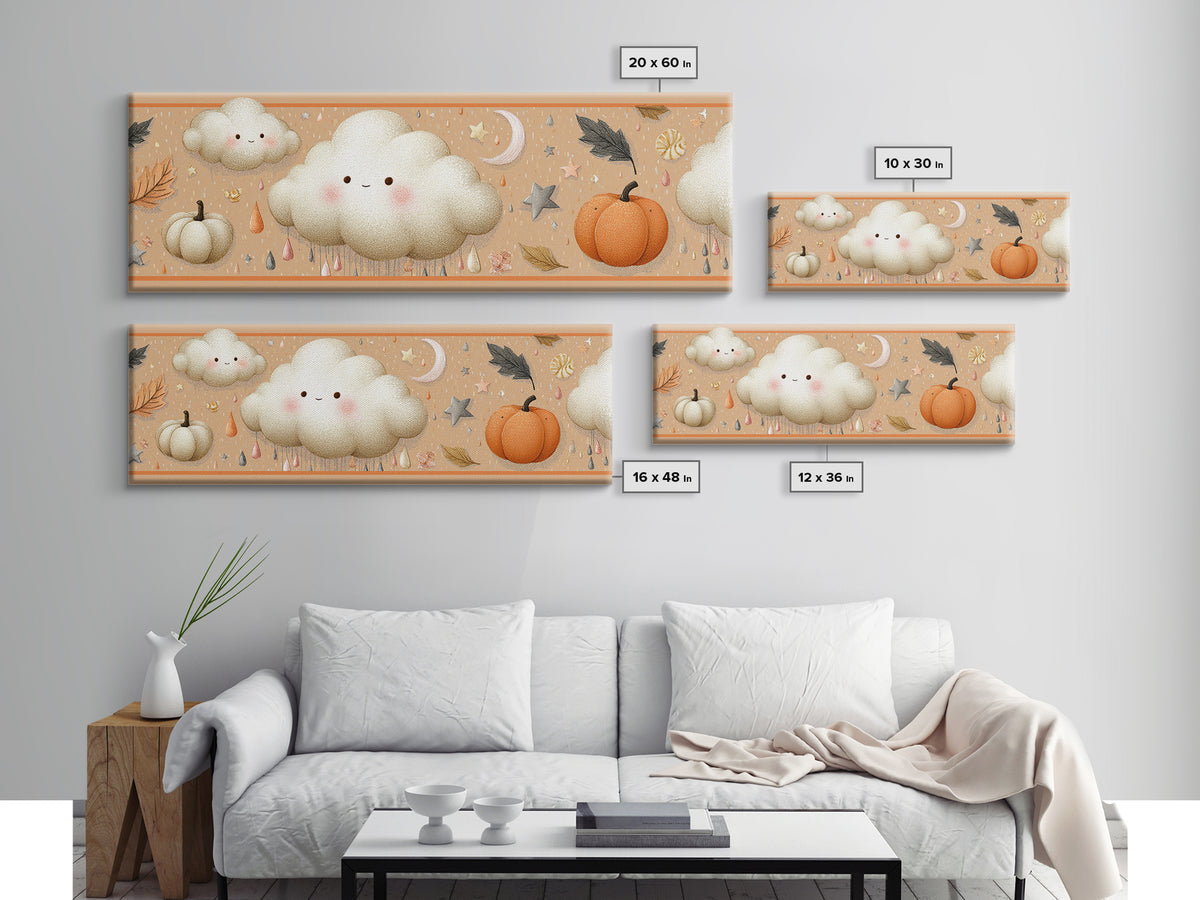 The Cloud Ghost, Hand Sketch Halloween Art, Extra Wide Wall Art, Canvas Print, Cute Halloween Wall Art