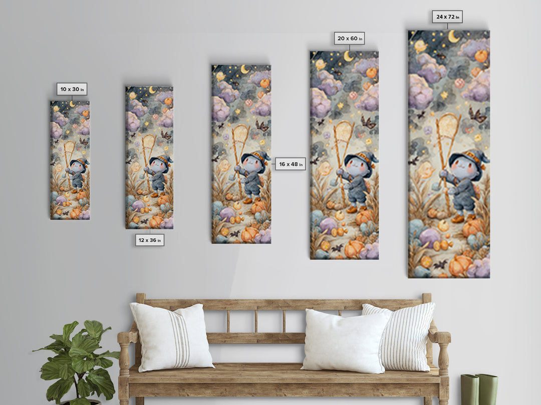 The Cloud-Catching Wizard, Watercolor Halloween Art, Tall Narrow Wall Art, Framed Canvas Print, Cute Halloween Wall Art