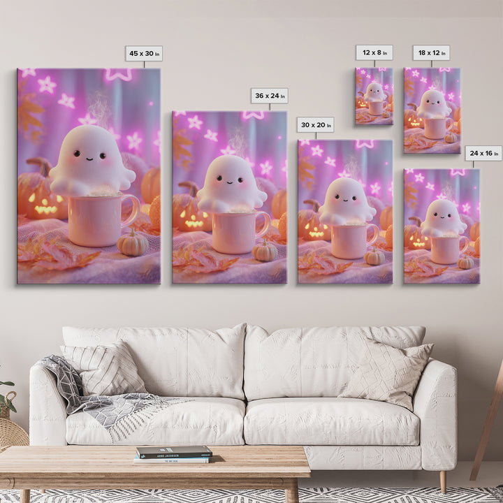 The Marshmallow Ghost, Vaporwave Halloween Decor, Vertical Wall Art, Framed Canvas Print, Retro Halloween Decor, Neon Wall Art