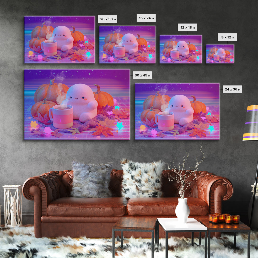 The Marshmallow Ghost, Cute Spooky Neon Art, Landscape Wall Art, Framed Canvas Print, Retro Halloween Decor, Neon Wall Art, Macabre Wall Art
