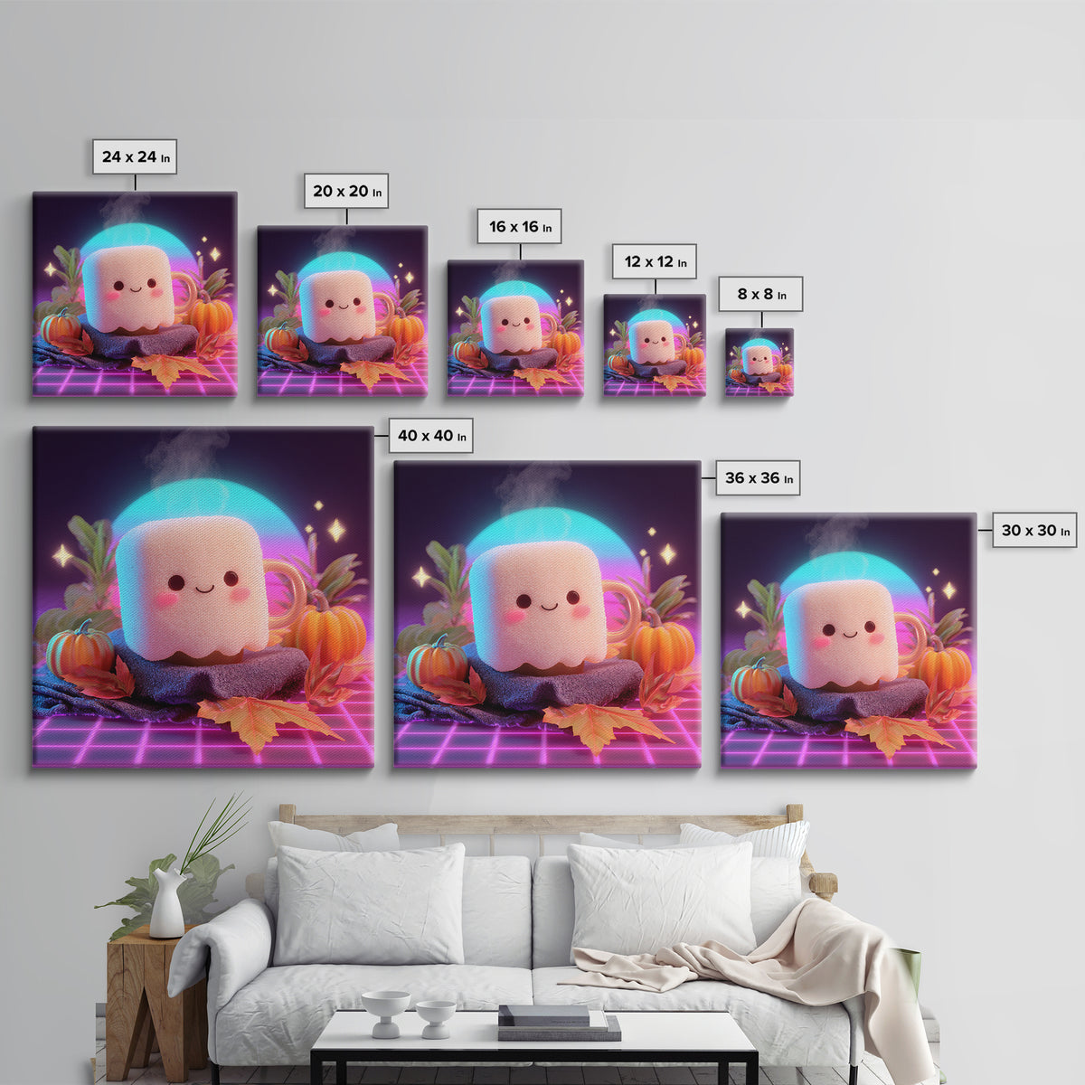 The Marshmallow Ghost, Vaporwave Halloween Decor, Square Wall Art, Framed Canvas Print, Retro Halloween Decor, Neon Wall Art