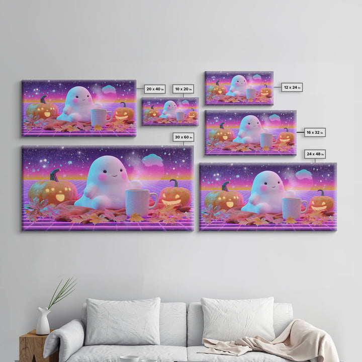 The Marshmallow Ghost, Cute Spooky Neon Art, Wide Panoramic Art, Canvas Print, Retro Halloween Decor, Neon Wall Art, Seasonal Home Decor