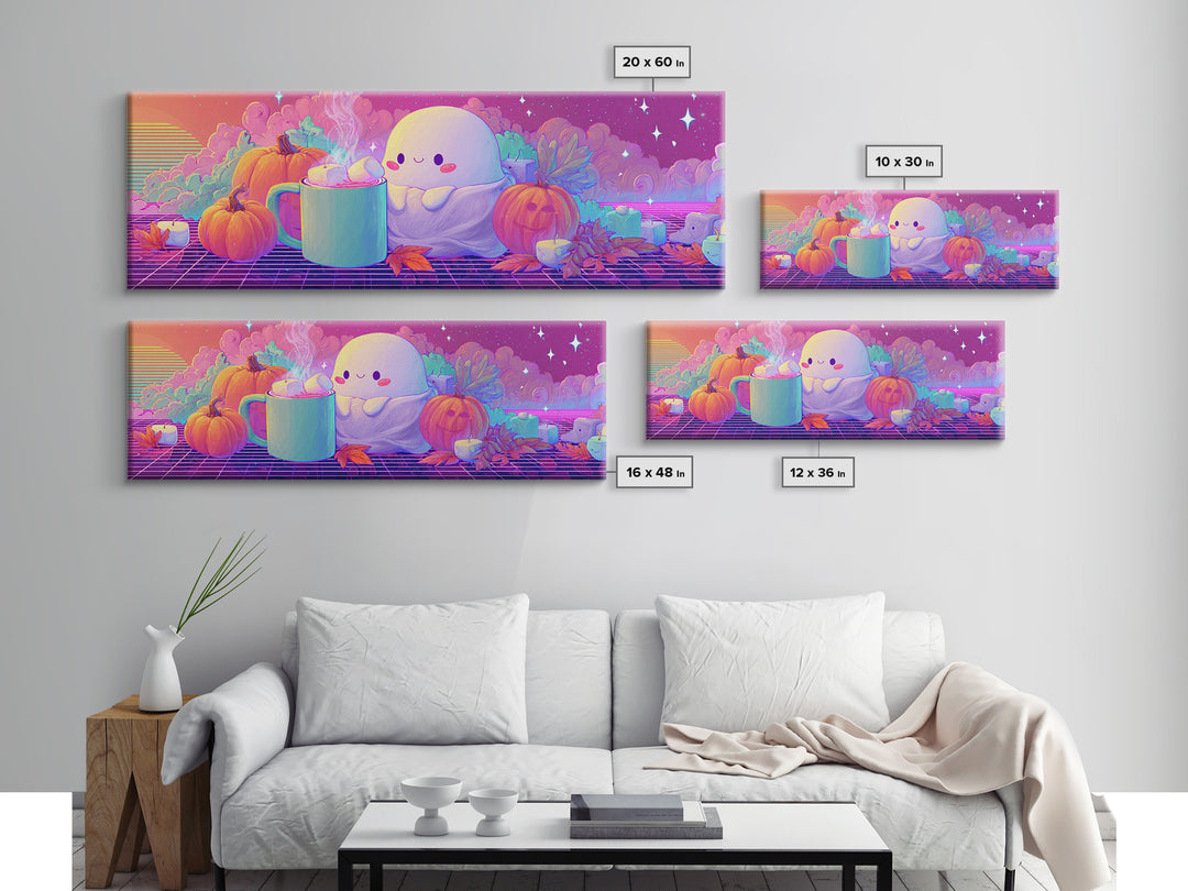 The Marshmallow Ghost, Retro Neon Halloween Art, Extra Wide Wall Art, Framed Canvas Print, Retro Halloween Decor, Neon Wall Art