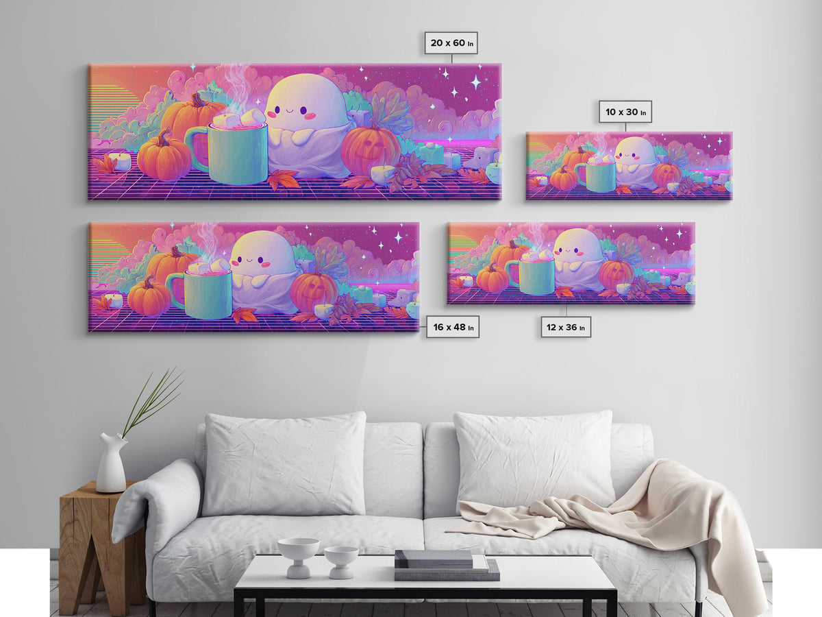 The Marshmallow Ghost, Retro Neon Halloween Art, Extra Wide Wall Art, Framed Canvas Print, Retro Halloween Decor, Neon Wall Art