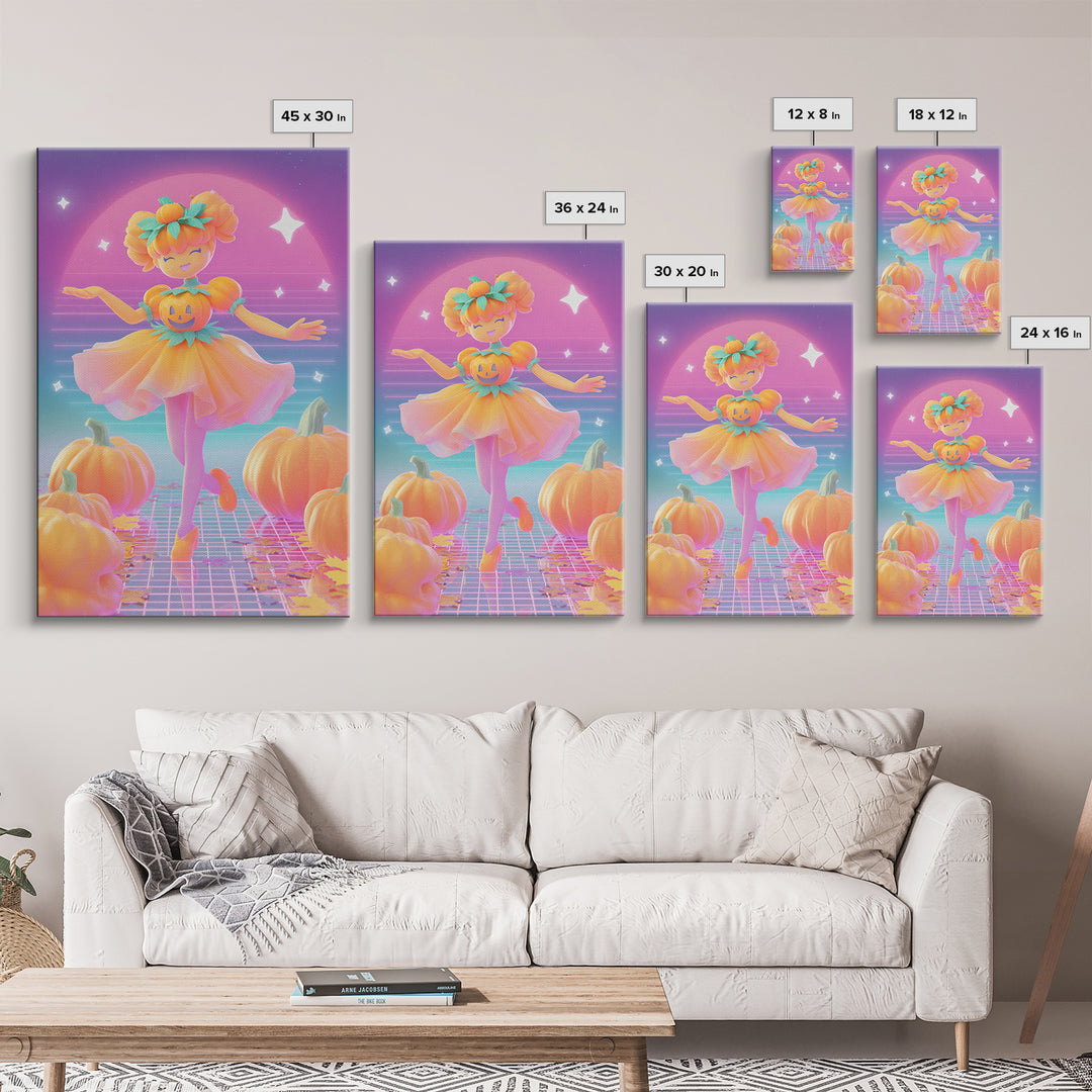 The Pumpkin Princess, Cute Spooky Neon Art, Vertical Wall Art, Framed Canvas Print, Retro Halloween Decor, Neon Wall Art, Dark Fantasy Art