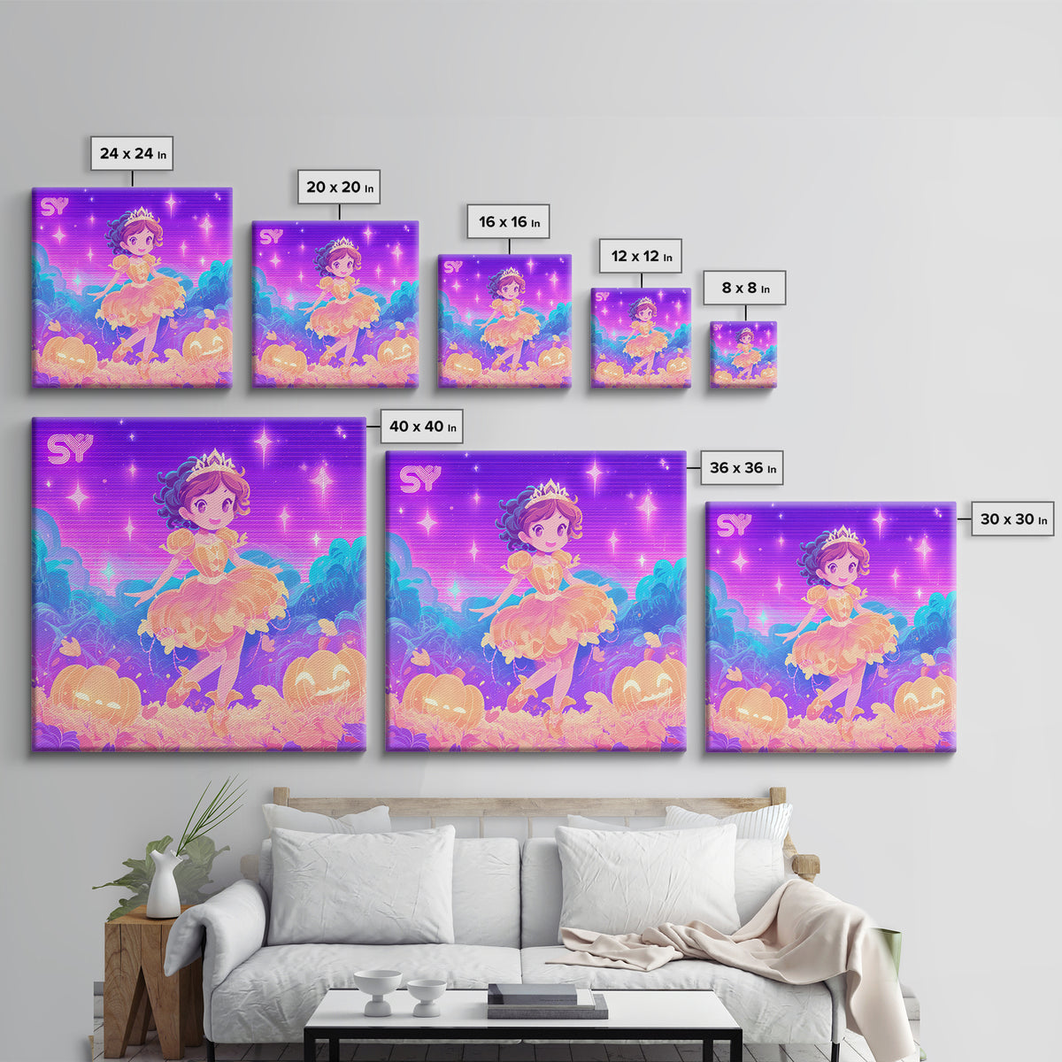 The Pumpkin Princess, Cute Spooky Neon Art, Square Wall Art, Canvas Print, Retro Halloween Decor, Neon Wall Art, Collectible Wall Decor