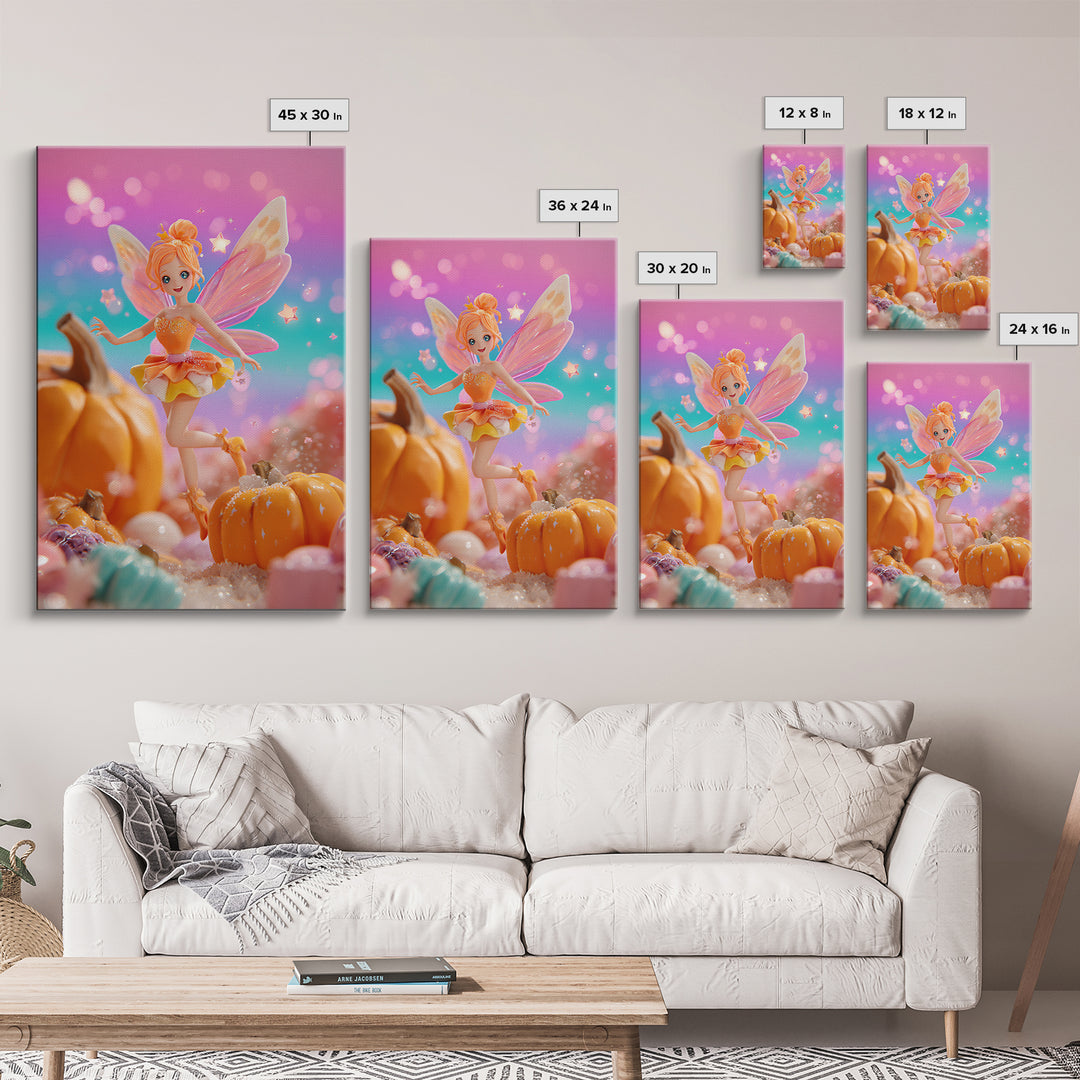 The Candy Corn Fairy, Retro Neon Halloween Art, Vertical Wall Art, Framed Canvas Print, Retro Halloween Decor, Neon Wall Art