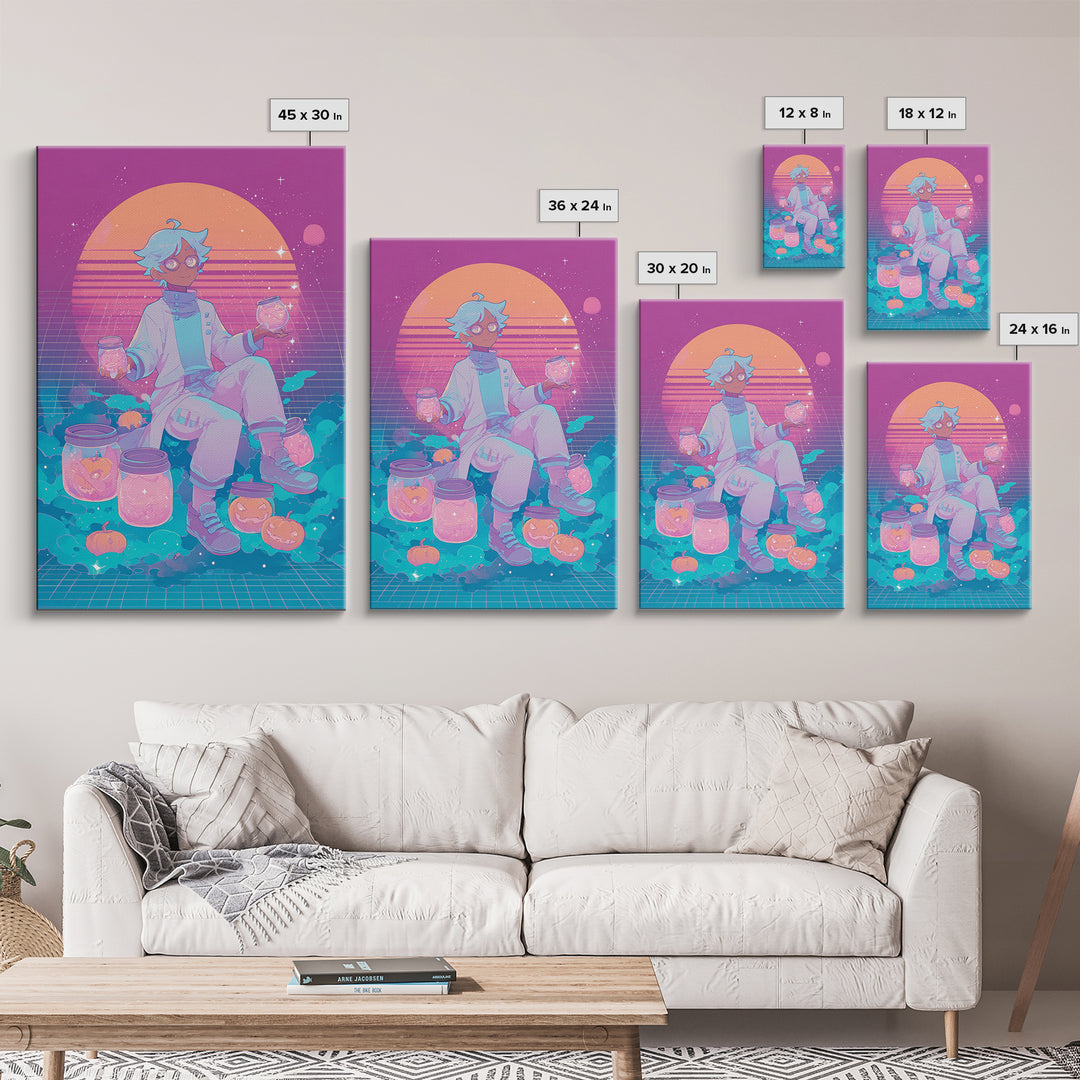 The Moonbeam Wizard, Vaporwave Halloween Decor, Vertical Wall Art, Framed Canvas Print, Retro Halloween Decor, Neon Wall Art