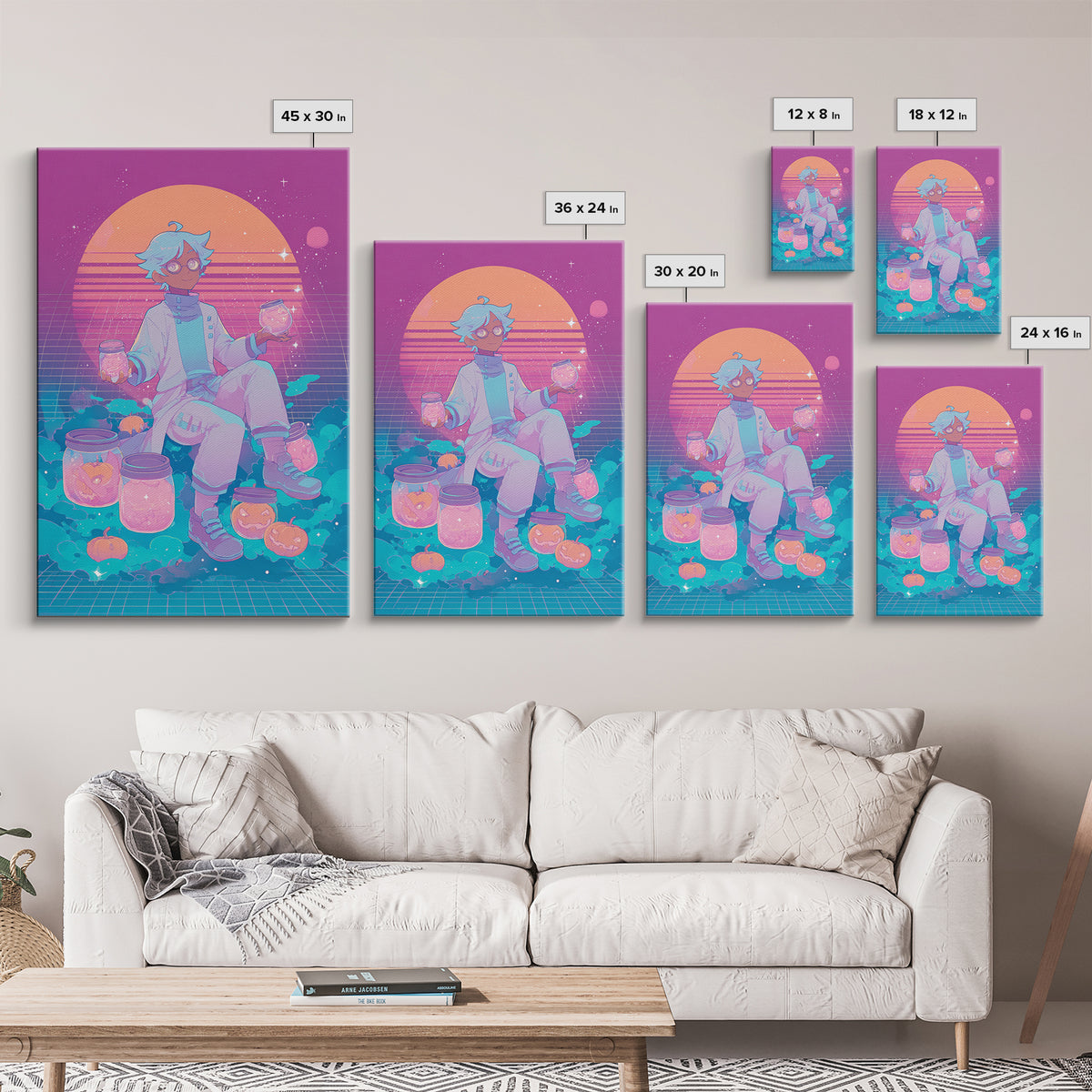 The Moonbeam Wizard, Vaporwave Halloween Decor, Vertical Wall Art, Framed Canvas Print, Retro Halloween Decor, Neon Wall Art