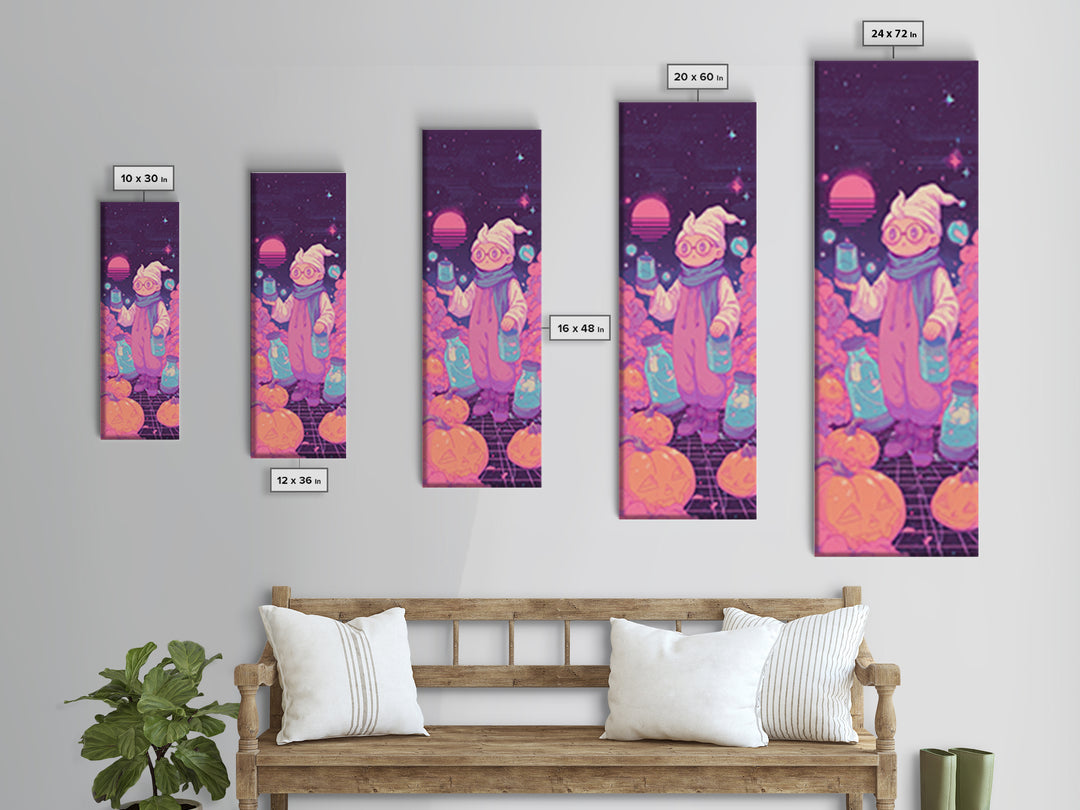 The Moonbeam Wizard, Retro Neon Halloween Art, Tall Narrow Wall Art, Framed Canvas Print, Retro Halloween Decor, Neon Wall Art