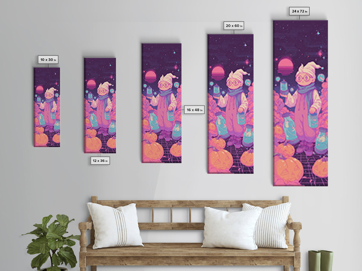 The Moonbeam Wizard, Retro Neon Halloween Art, Tall Narrow Wall Art, Framed Canvas Print, Retro Halloween Decor, Neon Wall Art