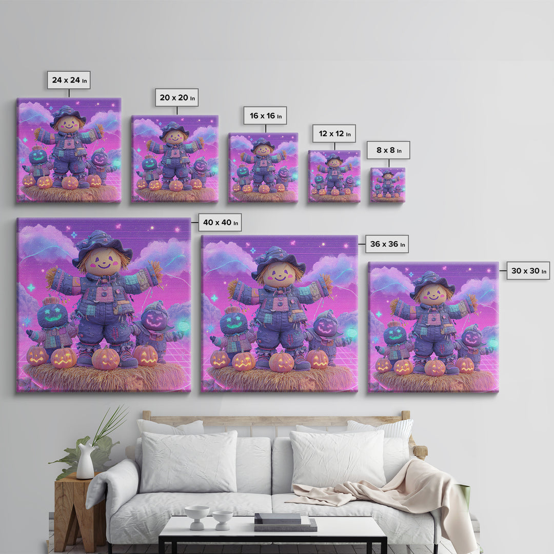 The Button-Nosed Scarecrow, Vaporwave Halloween Decor, Square Wall Art, Canvas Print, Retro Halloween Decor, Neon Wall Art, Macabre Wall Art