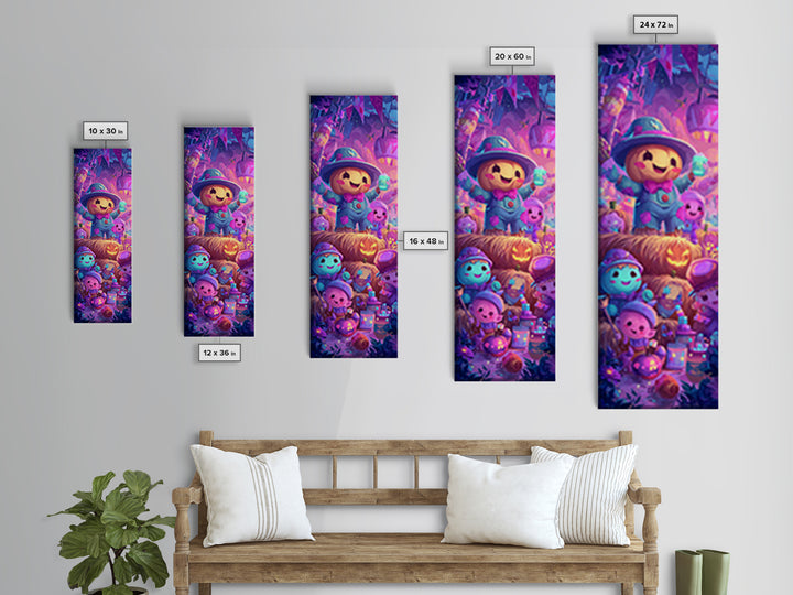 The Button-Nosed Scarecrow, 80s Halloween Wall Art, Tall Narrow Wall Art, Framed Canvas Print, Retro Halloween Decor, Neon Wall Art