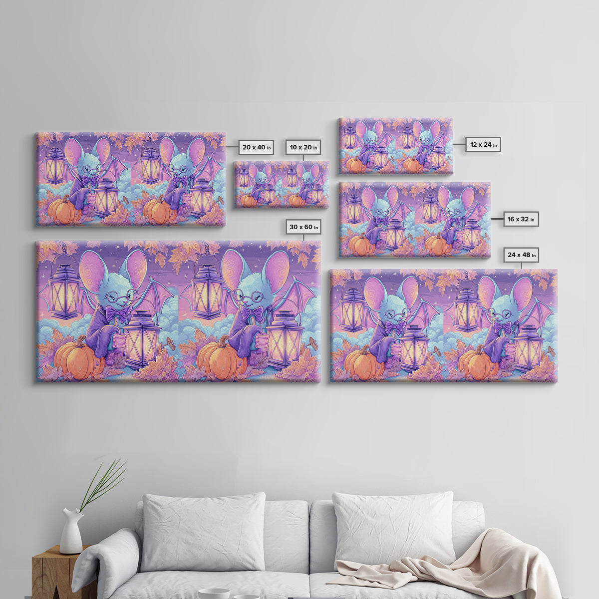 The Bow-Tie Bat, Vaporwave Halloween Decor, Wide Panoramic Art, Framed Canvas Print, Retro Halloween Decor, Neon Wall Art