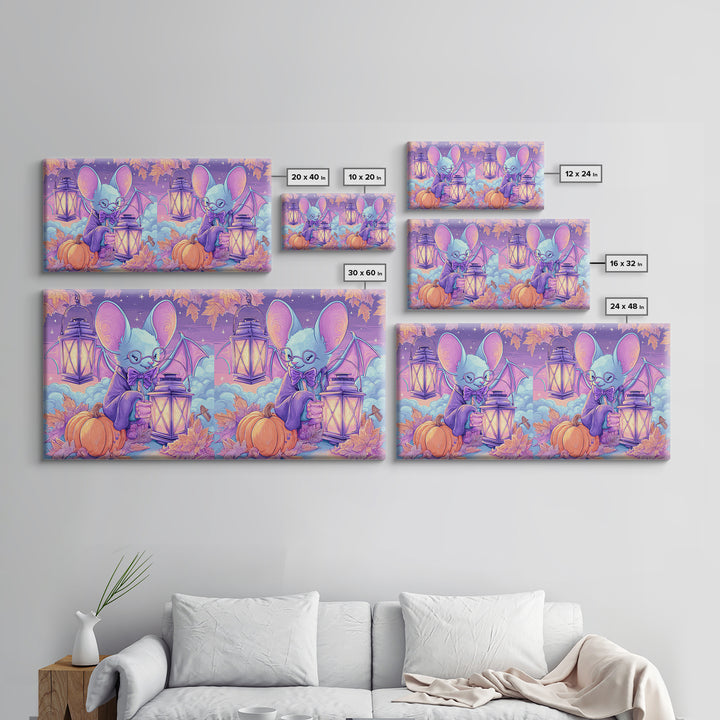 The Bow-Tie Bat, Vaporwave Halloween Decor, Wide Panoramic Art, Framed Canvas Print, Retro Halloween Decor, Neon Wall Art