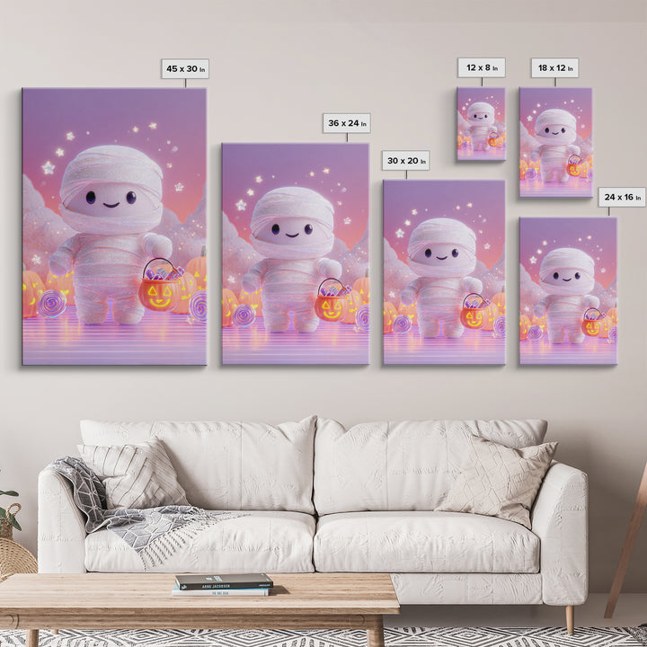 The Shy Little Mummy, Cute Spooky Neon Art, Vertical Wall Art, Framed Canvas Print, Retro Halloween Decor, Neon Wall Art