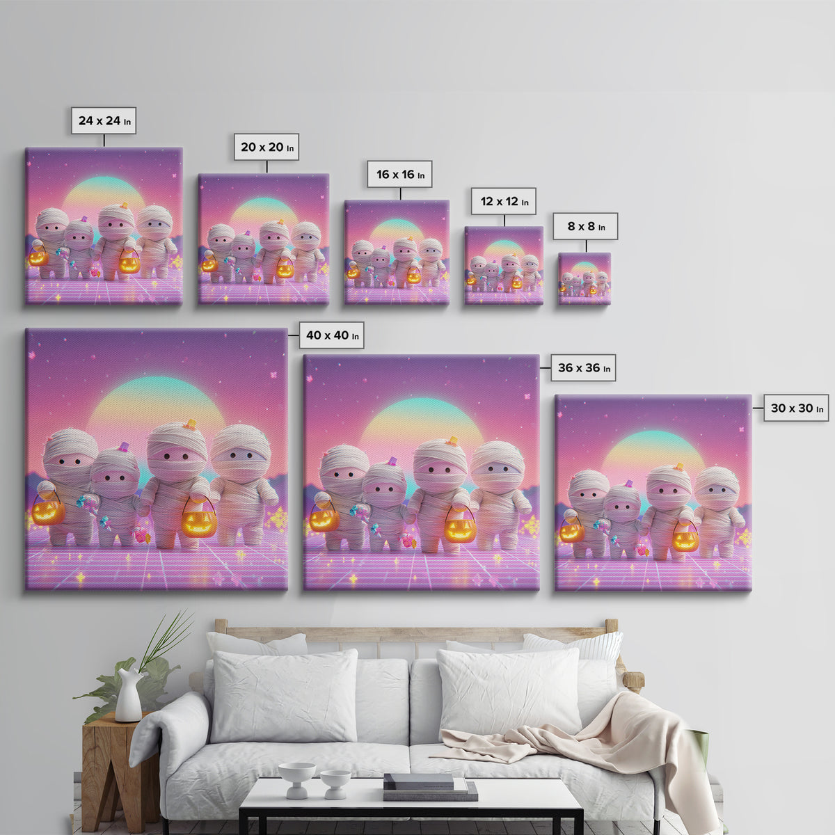 The Shy Little Mummy, Retro Neon Halloween Art, Square Wall Art, Canvas Print, Retro Halloween Decor, Neon Wall Art, Seasonal Home Decor