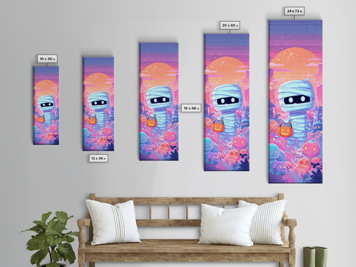 The Shy Little Mummy, Synthwave Halloween Art, Tall Narrow Wall Art, Canvas Print, Retro Halloween Decor, Neon Wall Art