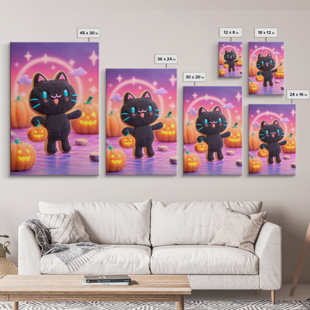 The Black Cat Baker, Cute Spooky Neon Art, Vertical Wall Art, Canvas Print, Retro Halloween Decor, Neon Wall Art, Horror Wall Art