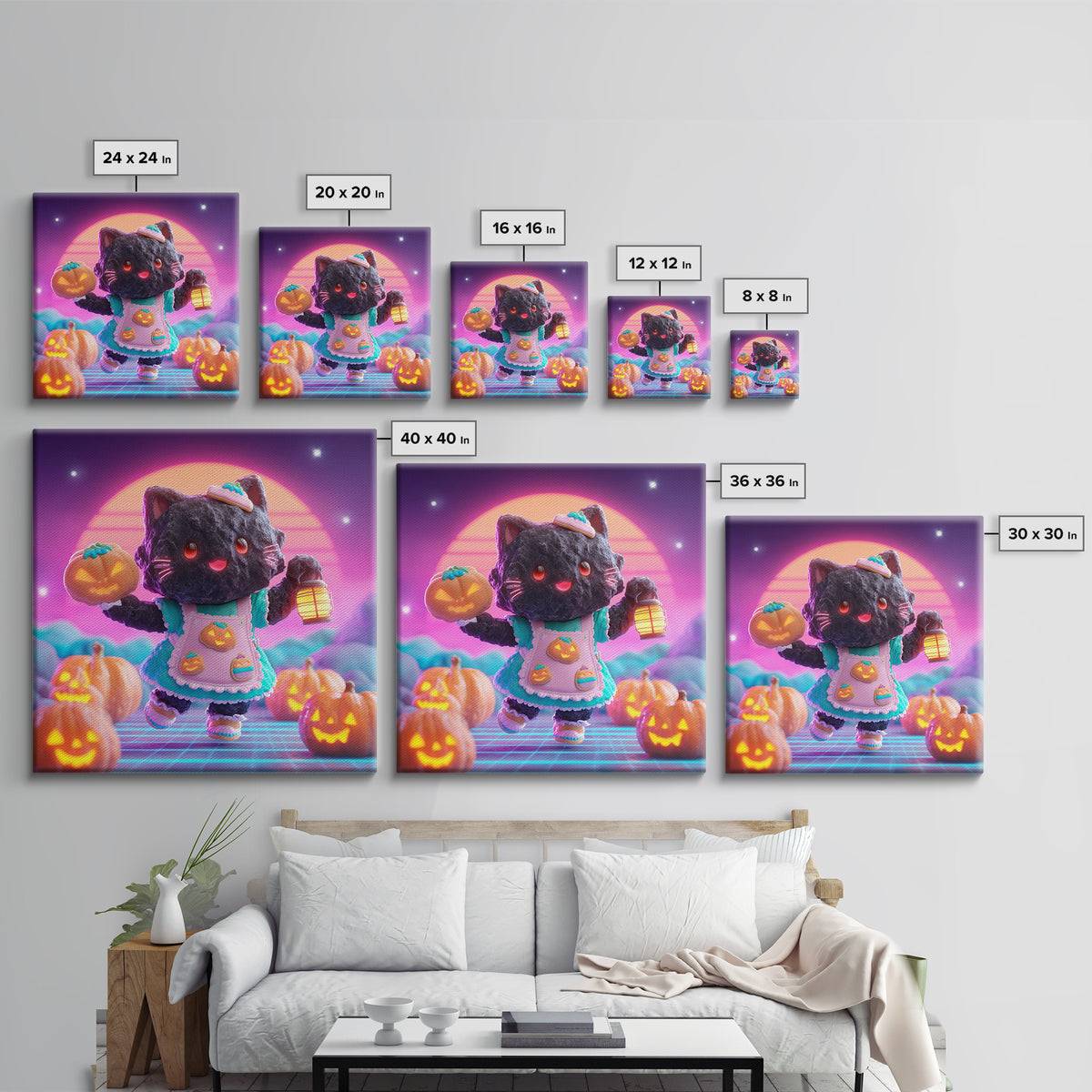 The Black Cat Baker, Vaporwave Halloween Decor, Square Wall Art, Framed Canvas Print, Retro Halloween Decor, Neon Wall Art, Horror Wall Art